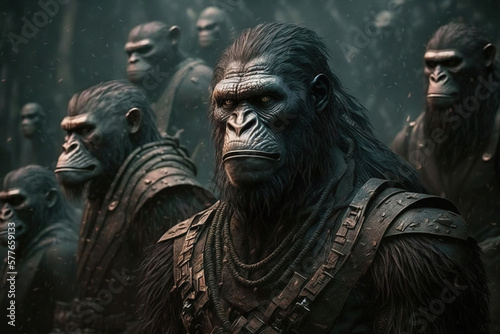 Army of apes ready to fight, illustration generative ai photo