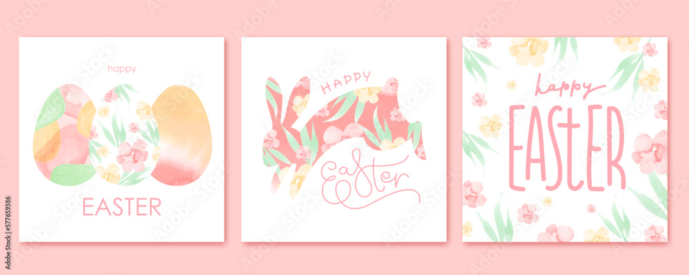 Happy Easter cards set. Colorful holiday design with hair, eggs, rabbit, lettering, flowers. Watercolor texture. Happy Easter cards set. Colorful holiday design with hair, eggs, rabbit, lettering, flowers. Watercolor texture.