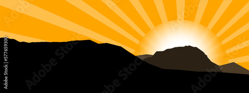 Silhouette of mountains view landscape panorama background, sunrise sunset sunbeams, illustration icon vector for logo hiking adventure nature wildlife