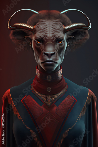portrait of buffalo in human clothes on dark background