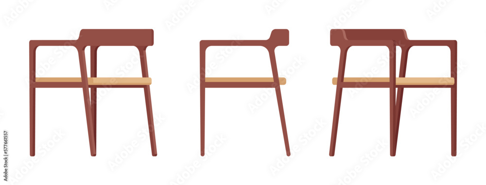 Dining wood chairs furniture brown set. Cafe outdoor restaurant seat for garden, balcony, living room, nice kitchen interior. Vector flat style cartoon home, office articles isolated, white background Dining wood chairs furniture brown set. Cafe outdoor restaurant seat for garden, balcony, living room, nice kitchen interior. Vector flat style cartoon home, office articles isolated, white background