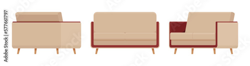 Small sofa furniture beige set. Day break loveseat cozy space in apartment, dorm room, loft living nice seating couch Vector flat style cartoon home, business articles isolated on white background
