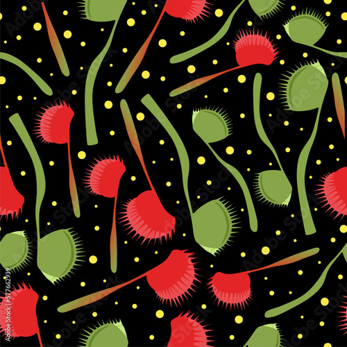 Poisonous seamless flowers Pattern. Vector stock flat design. Red and green colors. Flowers that bite. Black background.