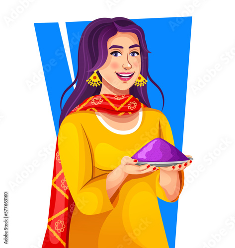 Happy indian woman wearing indian ethnic kurta dress holding color powder plate in hand celebrating Holi festival. Isolated over white background, selective focus. The world's most colorful festival.