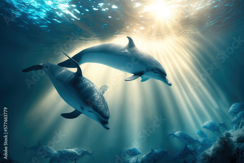 Couple of blue dolphins swimming underwater. Marine animals wallpaper. Generative AI © Roman Samokhin