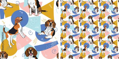 Beagle dog summer pastel wallpaper. Holiday abstract circles, squares, spirals, confetti. seamless background, repeatable pattern. Birthday wallpaper, Christmas present, print tiles. Geometric.