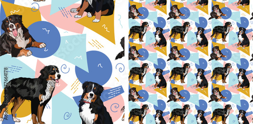 Bernese Mountain dog summer pastel wallpaper. Holiday abstract circles, squares, spirals, confetti. seamless background, repeatable pattern. Birthday wallpaper, Christmas present, print tiles.