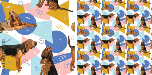 Bloodhound dog summer pastel wallpaper. Holiday abstract circles, squares, spirals, confetti. seamless background, repeatable pattern. Birthday wallpaper, Christmas present, print tiles. Geometric.