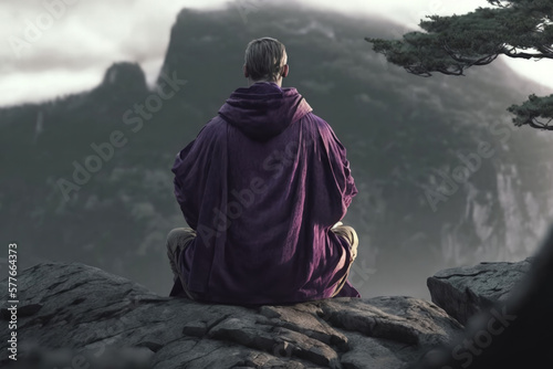 Meditation: Meditating man in a calm atmosphere with a beautiful landscape | Generative AI Production