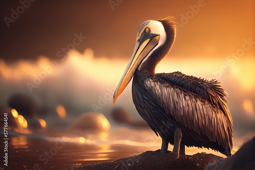 A brown pelican on the beach at sunset. Generative AI, Generative, AI