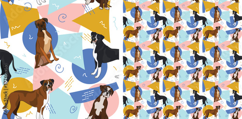 German Boxer dog summer pastel wallpaper. Holiday abstract circles, squares, spirals, confetti. seamless background, repeatable pattern. Birthday wallpaper, Christmas present, print tiles. Geometric.