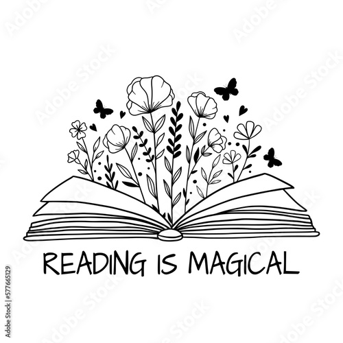 Reading is magical. Book with flowers and butterflies. Floral book. Opened book and wildflowers. Reading books lovers. Outline drawing. Line vector illustration. Isolated on white background.