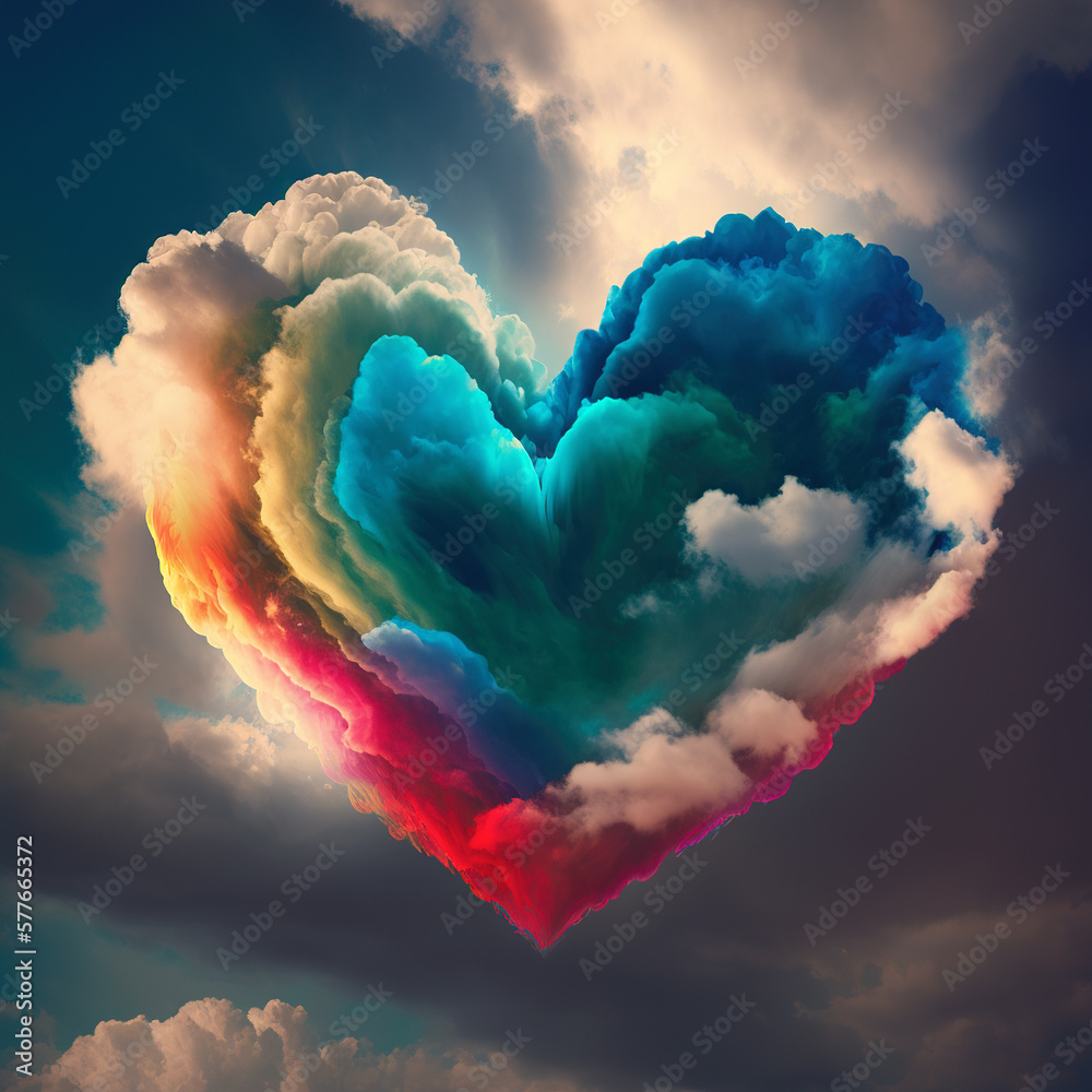 Colorful clouds in the shape of a heart in the sky. The concept of eternal love. Generative AI.