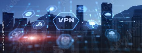 VPN network security internet privacy encryption concept. City background