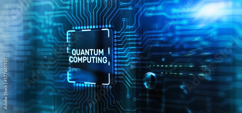 Quantum computing concept. The inscription on 3d Electronic Circuit Board Chip
