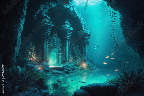 A Mysterious Underwater Cave with Glowing Bioluminescent Creatures and Ancient Ruins 