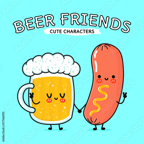 Cute, funny happy glass of beer and sausage mustard. Vector hand drawn cartoon kawaii characters, illustration icon. Funny cartoon glass of beer and sausage mascot character concept