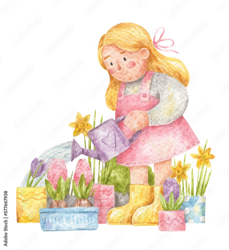 Cute girl watering flowers. Watercolor illustration of child with a ...