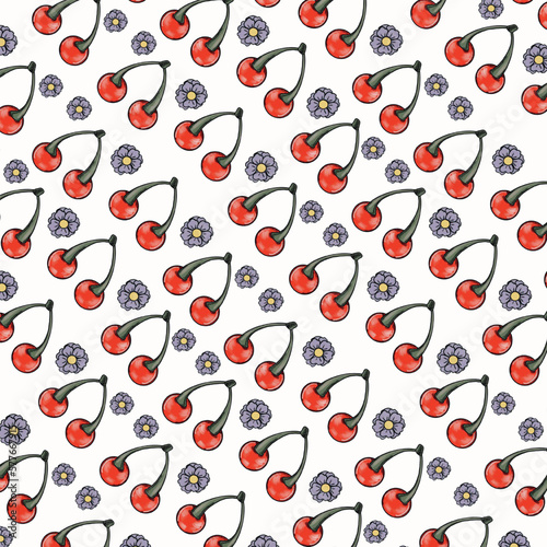 seamless pattern with cherry cherry on a twig,red berry,flower,cherry blossom flower,cherry symbol love,friendship,fertility,longevity,fruit