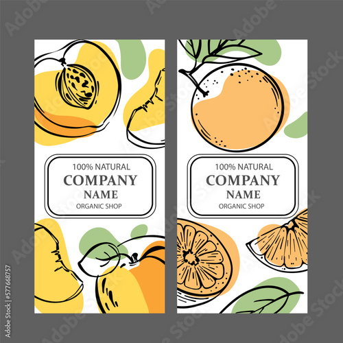 PEACH ORANGE LABELS Vertical Stickers Design For Shop Of Tropical Organic Natural Fresh Juicy Fruits And Dessert Drinks In Sketch Style Vector Illustration Set