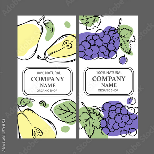 PEAR GRAPE LABELS Vertical Stickers Design For Shop Of Tropical Organic Natural Fresh Juicy Fruits And Dessert Drinks In Sketch Style Vector Illustration Set