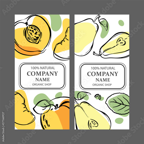 PEAR PEACH LABELS Vertical Stickers Design For Shop Of Tropical Organic Natural Fresh Juicy Fruits And Dessert Drinks In Sketch Style Vector Illustration Set