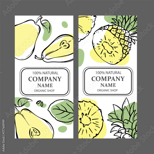 PEAR PINEAPPLE LABELS Vertical Stickers Design For Shop Of Tropical Organic Natural Fresh Juicy Fruits Dessert Drinks In Sketch Style Vector Illustration Set