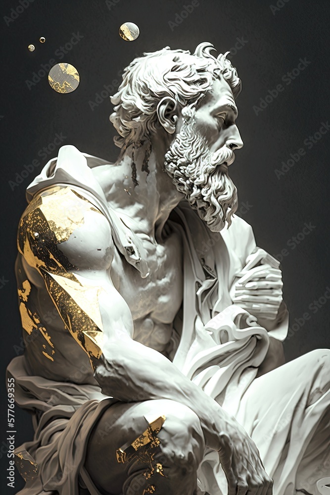 Statue stoïcienne en marbre sculpté aux accents dorés. Personne grecque antique dépeignant le stoïcisme.