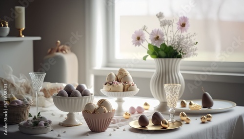 easter cookies on white table  and aesthetic living room background  Generative AI