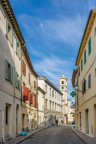 Fototapeta Naklejka Na Ścianę i Meble -  Corso Repubblica street in the historic center of Fauglia, Pisa, Italy
