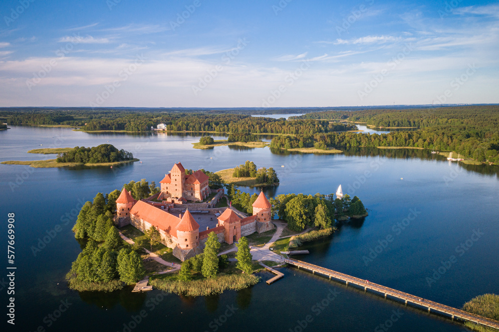 Trakai Castle with lake and forest in background.  Lithuania.