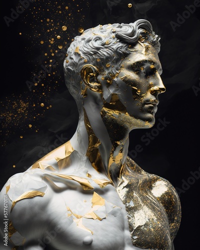 Statue stoïcienne en marbre sculpté aux accents dorés. Personne grecque antique dépeignant le stoïcisme