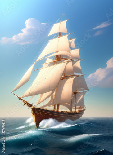 Sailing ship at sea in daytime sunlight and blue sky with a light breeze, AI generated.