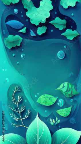 Abstract liquid shapes, leaves and ocean elements Earth Day concept poster with green and blue background.  © ant