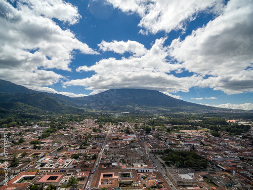 Antigua Cityscape with Volcano in Background. Guatemala