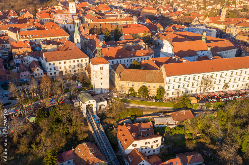 Funicular and medieval Lotrscak tower in Zagreb, Croatia. Upper Town of Zagreb in Background