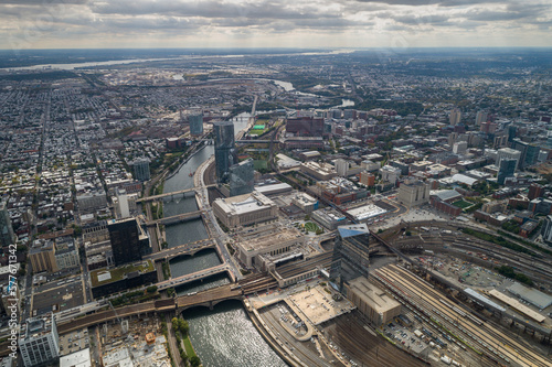 Philadelphia Skyline and Downtown. 30th Street Station in Philadelphia, Pennsylvania. Schuylkill River