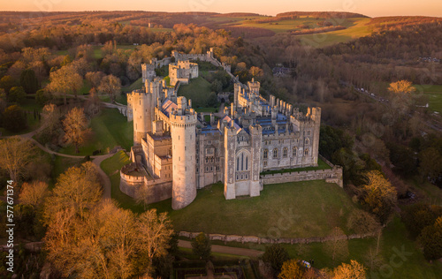 Arundel Castle in Arundel City, West Sussex, England, United Kingdom. Bird Eye View. Drone Point of View.