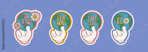 Save the planet stickers with slogan in trendy retro cartoon style. Earth Day concept. World Environment Day. Cartoon hands holding Earth: go green, recycle, be kind, zero waste