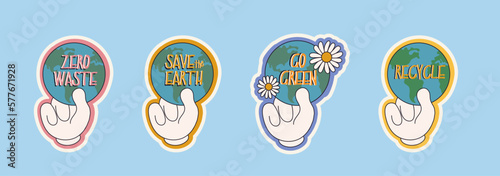 Save the planet stickers with slogan in trendy retro cartoon style. Earth Day concept. World Environment Day. Cartoon hands holding Earth: go green, recycle, be kind, zero waste