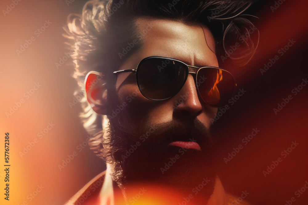 Atractive bearded man with sunglasses looking to side and posing. copy space. Generative AI. 2