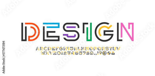 Digital style alphabet, font from line, letters and numbers made in multi colored linear style, vector illustration 10EPS