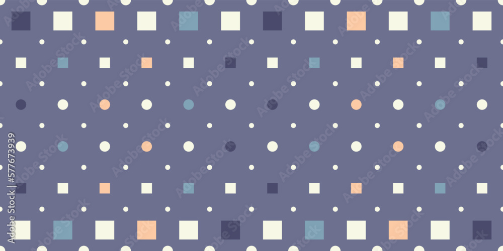 Blue background and circles with squares. Vector seamless pattern, for print and surface design.