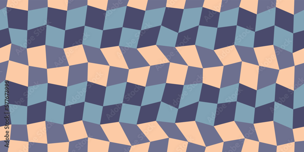 Blue checkerboard pattern. Seamless vector pattern with chess irregular cells. Checkered curved racing flag. Print and interior decoration.