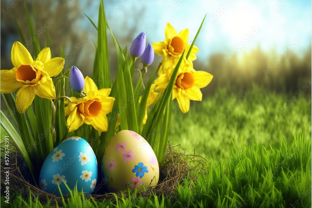 Happy Easter concept with easter eggs in nest and spring flowers. Easter background with copy space. Generative AI