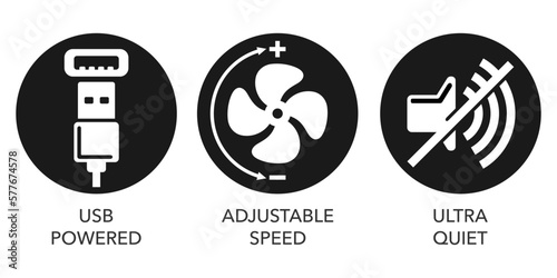 Adjust speed, ultra quiet, USB powered icons set