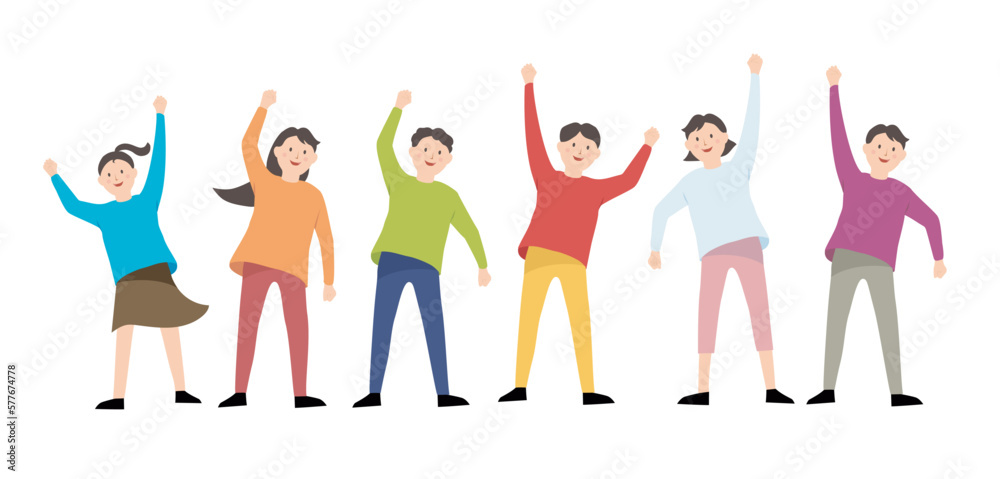 Fototapeta premium An illustration of many people, including adults, men, women, and children, smiling brightly and raising their arms.