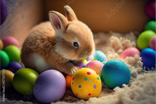 Happy Easter. Cute easter bunny with easter eggs. Generative AI © Matyfiz