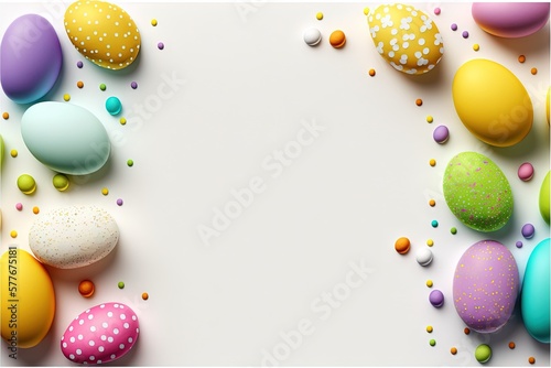 Happy Easter concept with easter eggs in nest and spring flowers. Easter background with copy space. Generative AI