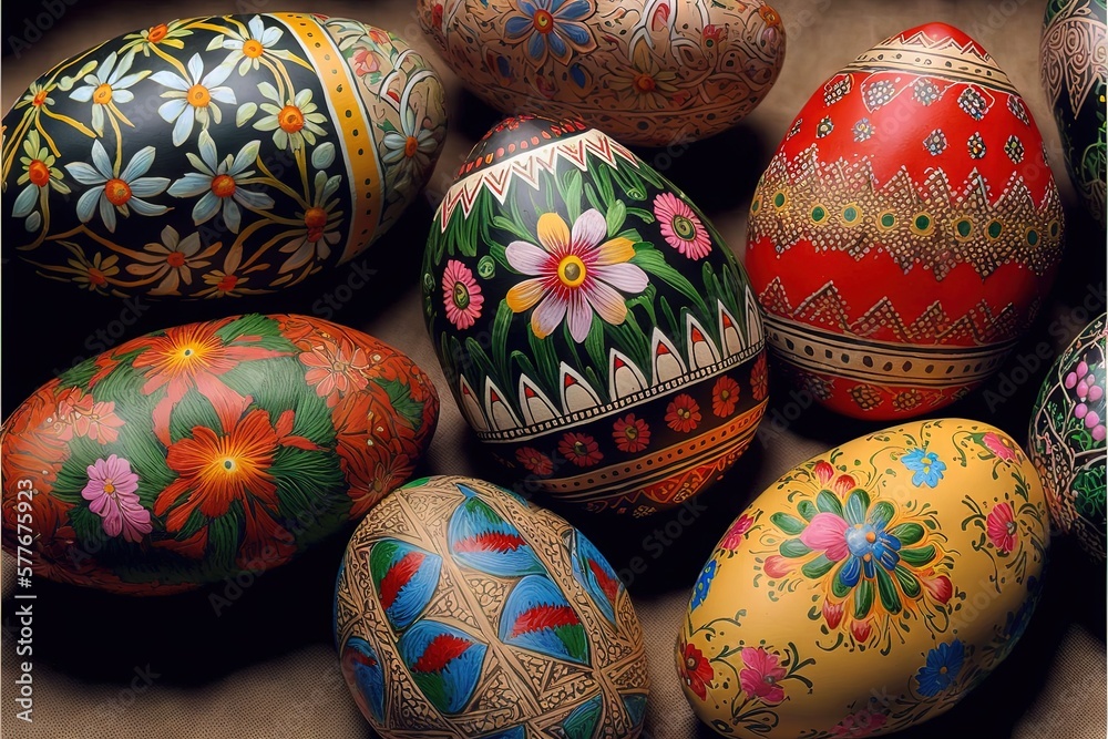 Happy Easter concept with easter eggs in nest and spring flowers. Easter background with copy space. Generative AI Happy Easter concept with easter eggs in nest and spring flowers. Easter background with copy space. Generative AI